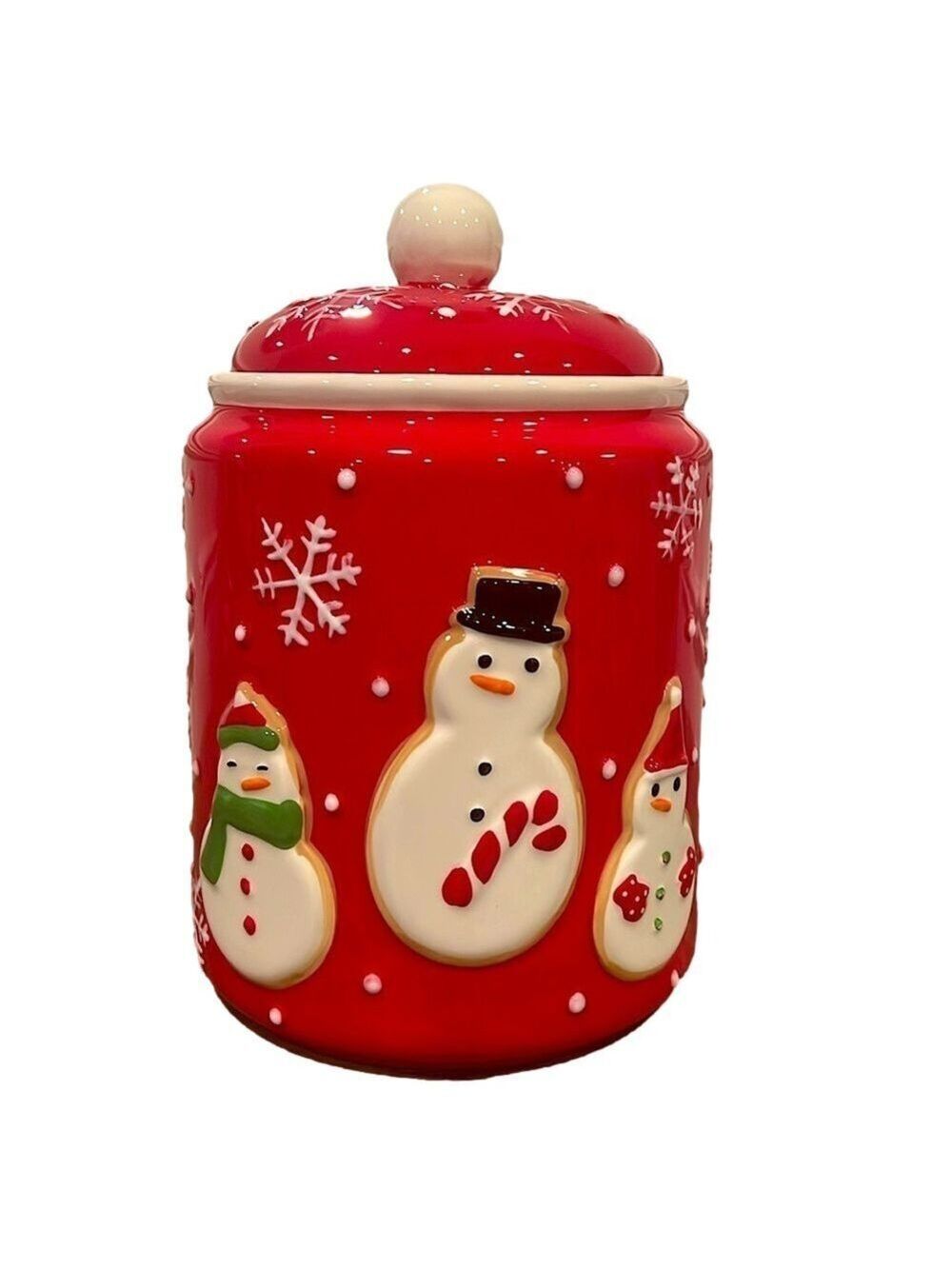 Vintage Hallmark Snowman Cookie Jar Canister Red with White Snowflakes Christmas